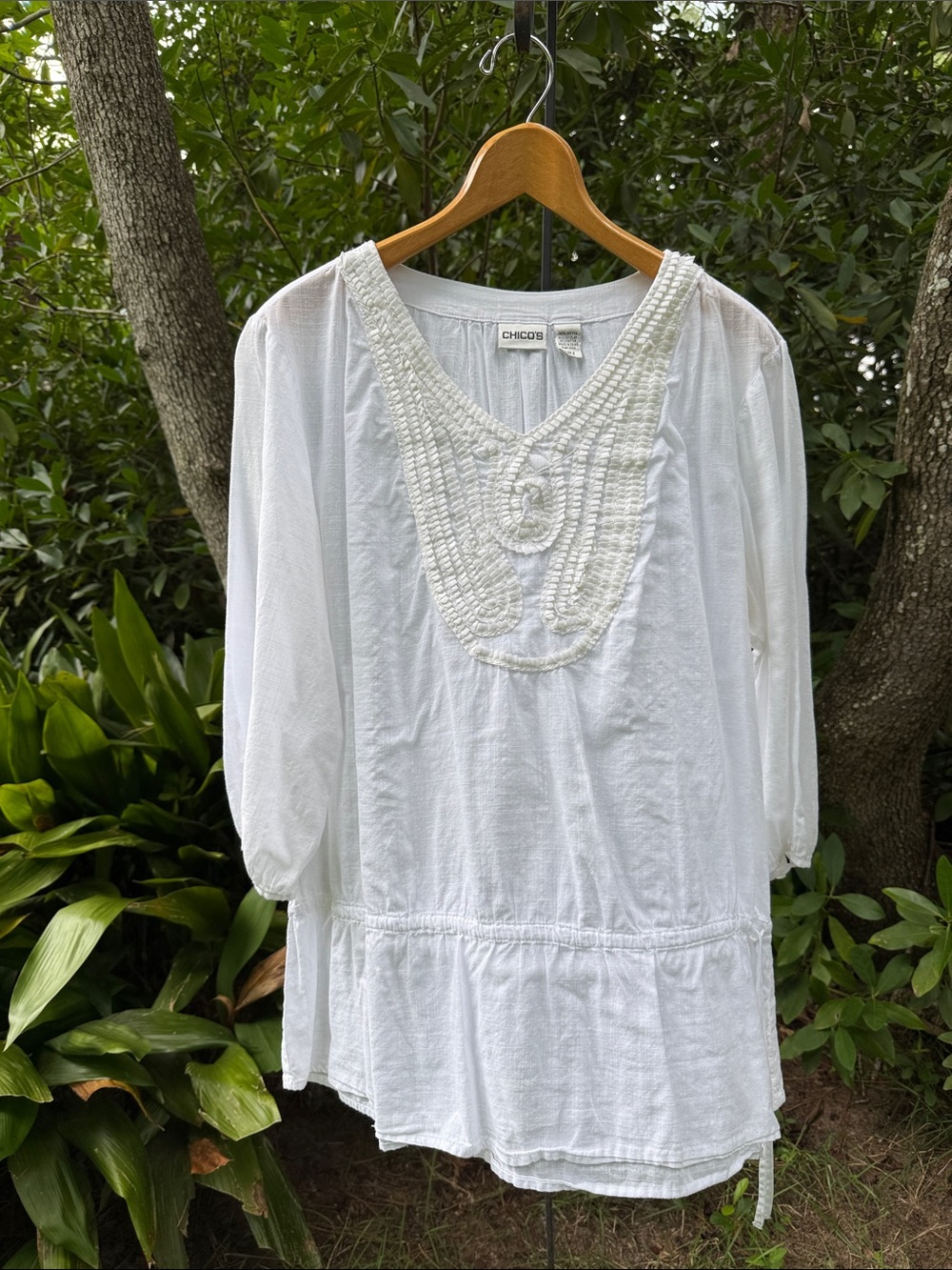 Chico's White V-Neck Tunic with Embroidered Bib